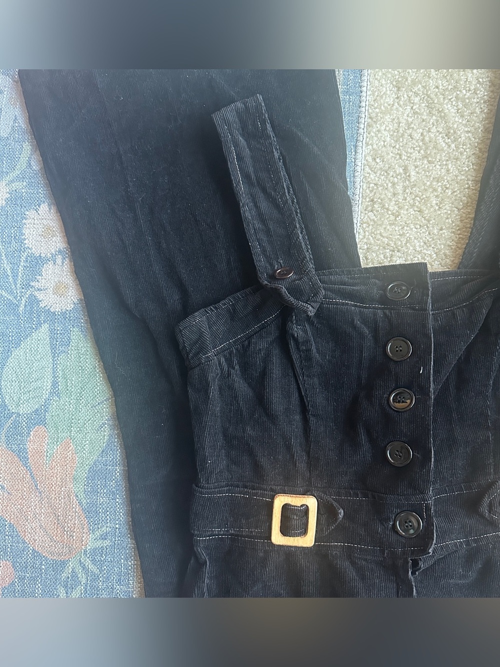 Women's Vintage ILGWU Black Corduroy Button-Front Jumpsuit with Buckle Detail